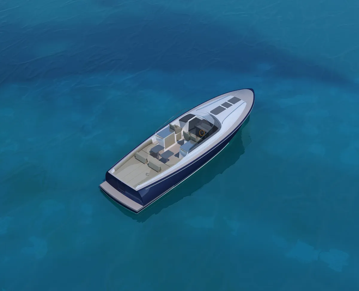 AdmiralsTender C38: Boot van bovenaf op zee