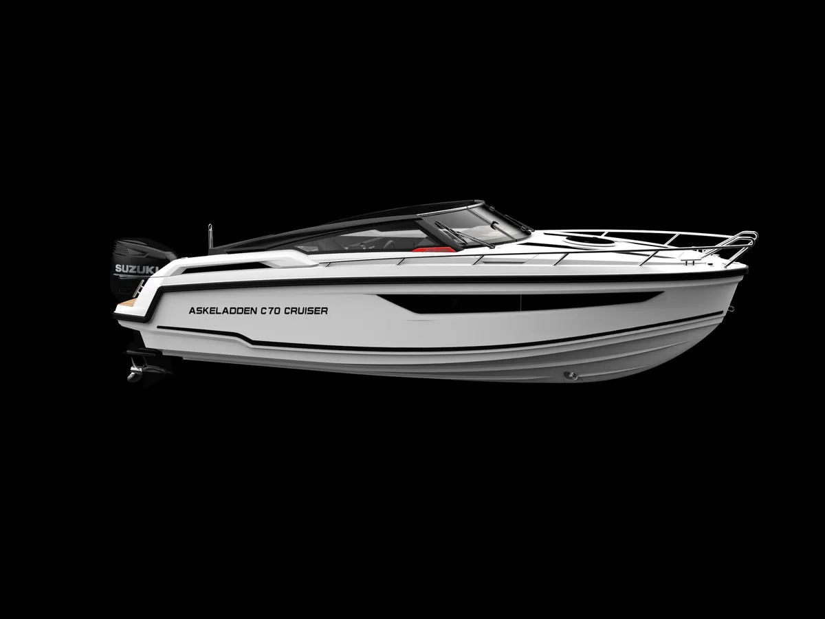 Askeladden C70 Cruiser: Witte motorboot zijaanzicht studio
