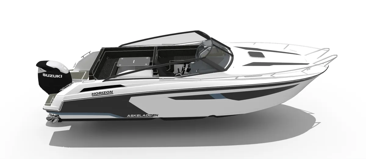 Askeladden Horizon: Witte motorboot zijaanzicht met buitenbo