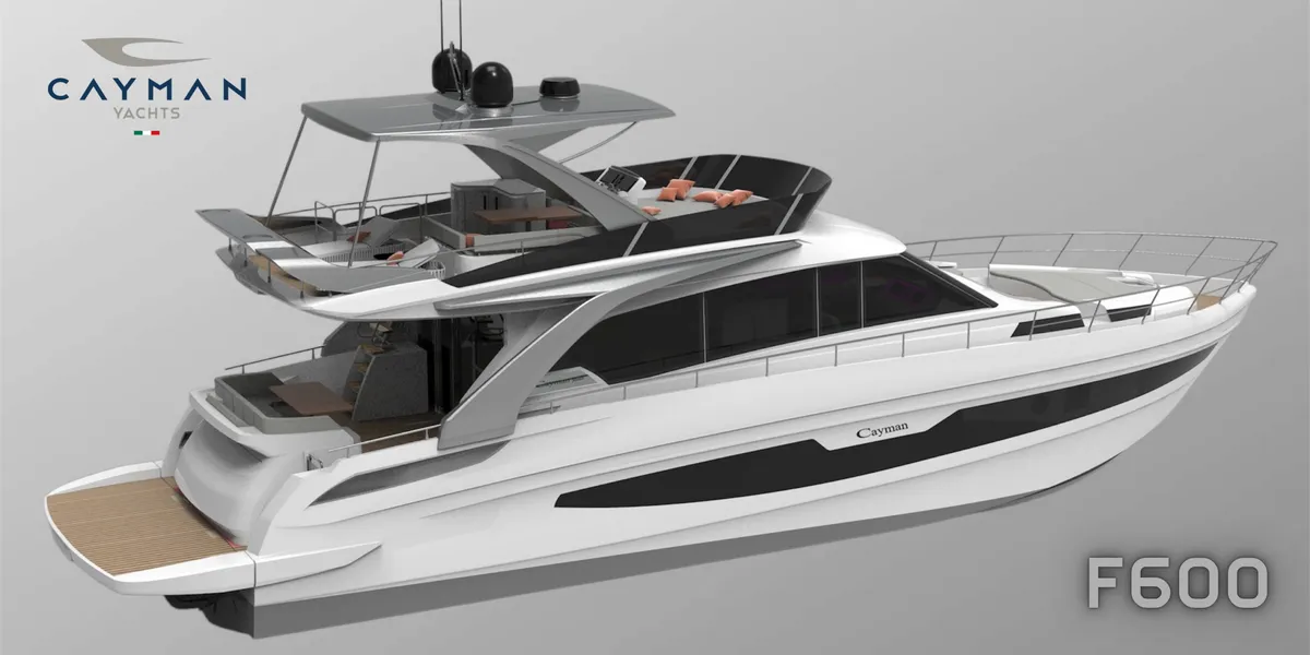 Cayman Yachts F600: Witte motorboot zijaanzicht render