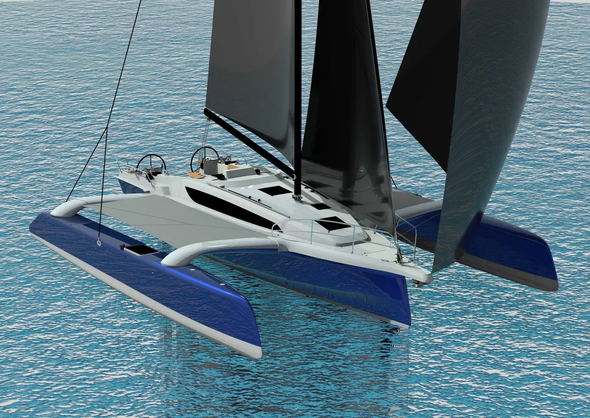 Dragonfly 33: Trimaran met zeilen op zee