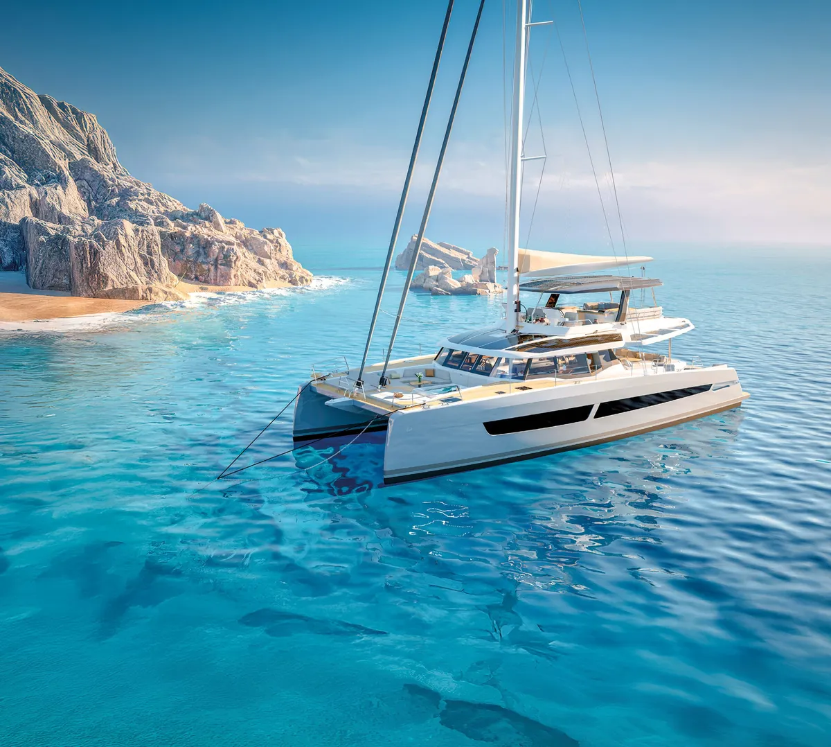 Fountaine Pajot FPY 70S: Catamaran voor anker bij kust