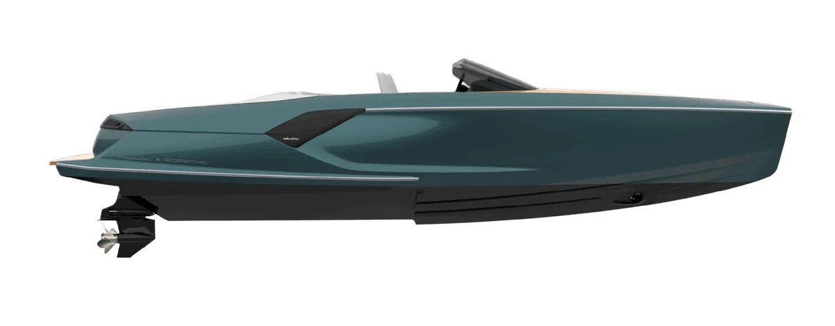 Frauscher x Porsche 790 Spectre: Zijaanzicht speedboot op witte achtergro