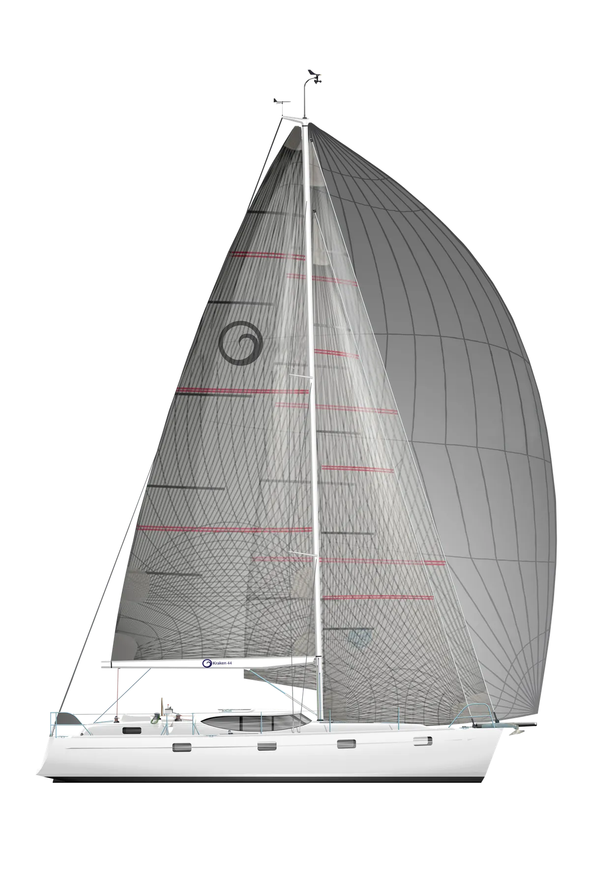 Kraken 44: Render zeiljacht met gennaker zijaanzicht