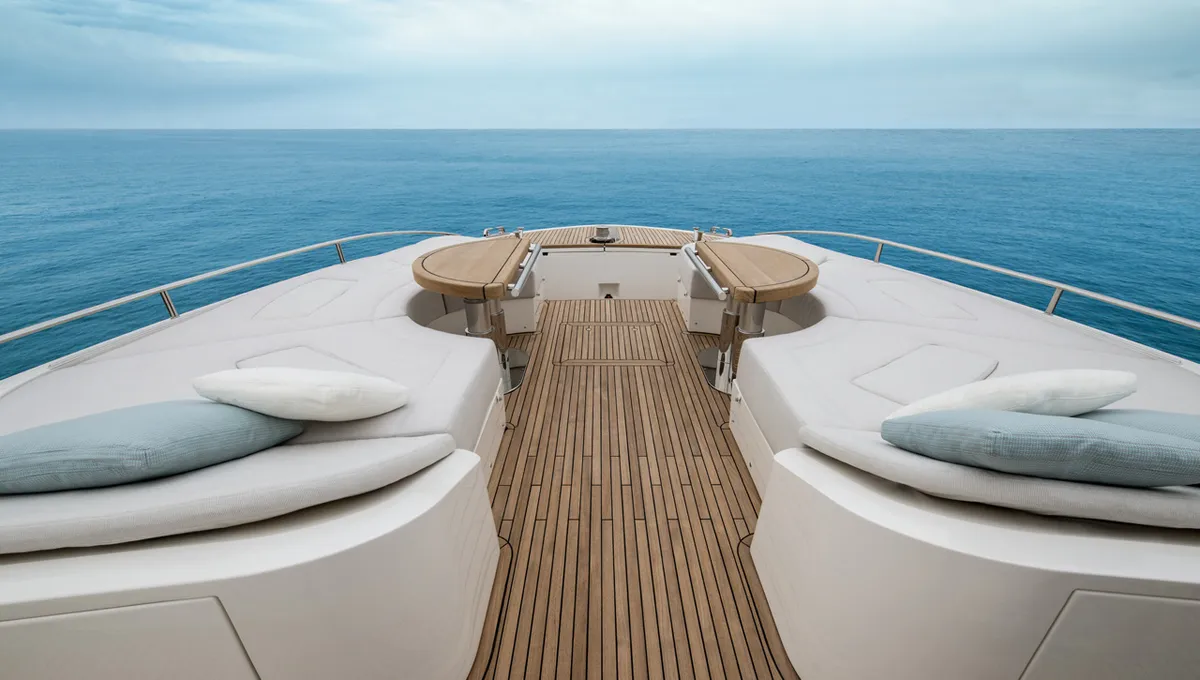 Monte Carlo Yachts MCY 70 Skylounge: Voordek met loungebanken op zee