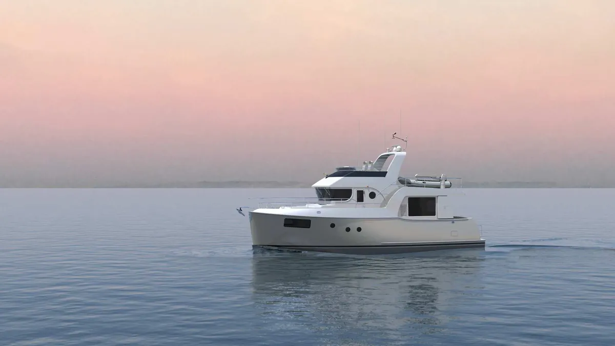 Nordhavn 46MK II: Boot varend op zee bij zonsondergang