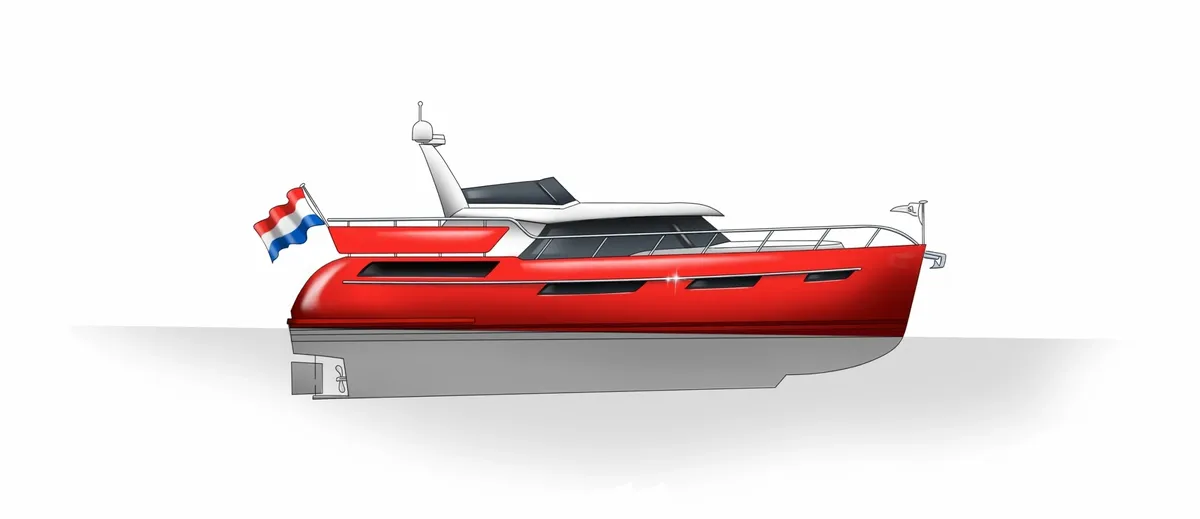 Super Lauwersmeer Discovery 43 AC: Rode motorboot met nederlandse vlag