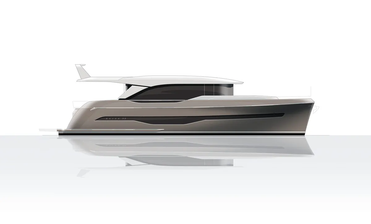 Van den Hoven Jachtbouw Elite 55 Flybridge: Jacht zijaanzicht op water