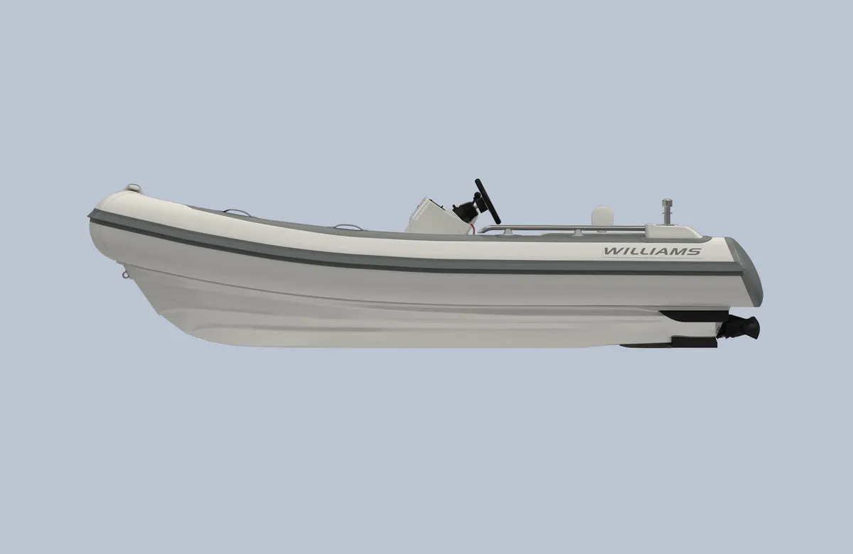 Williams Jet Tenders SportJet 435: Rubberboot zijaanzicht op grijze achterg